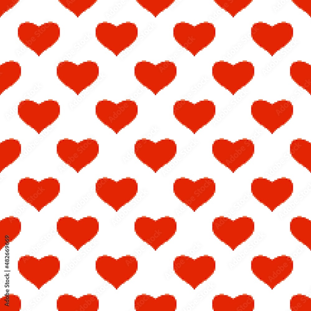 Red heart seamless pattern in pixel art style. Valentine's Day background.