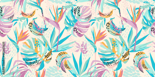 Abstract art seamless pattern with tropical leaves and flowers. Modern exotic design