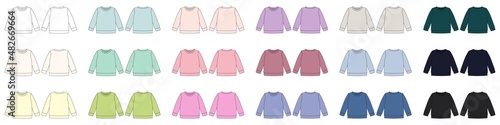Set of colored technical sketch sweatshirt. Kids wear jumper design template collection.