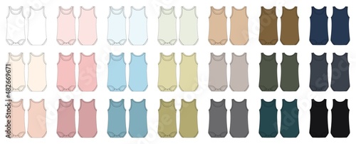 Set of baby sleeveless body. Infant tank top technical sketch collection.