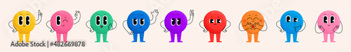 Set of cute funny different bright emoji with face, arms and legs. Different sign. Vector isolated illustration in hand drawn trendy style