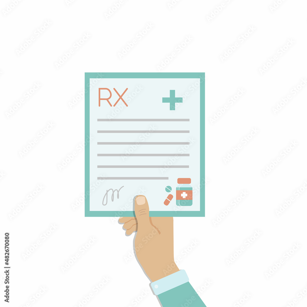 Man holds medical prescription in his hand. Vector illustration isolated on white background Man holds medical prescription in his hand. Vector illustration isolated on white background