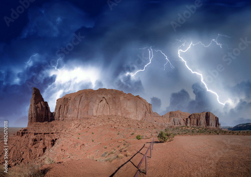 Storm approaching Monument Valley, USA. Aerial panoramic view.