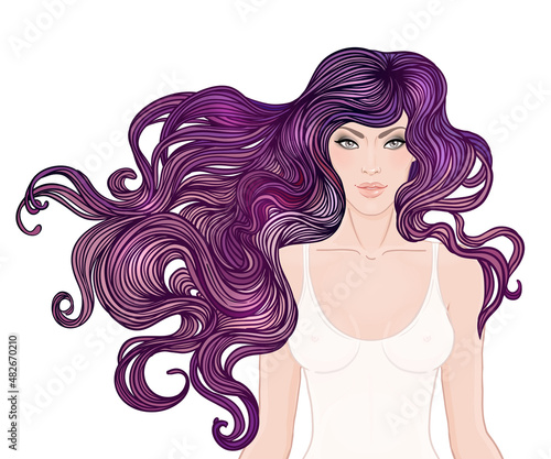 Beautiful Caucasian girl with long curly hair. Vector illustration. Spa, hair...