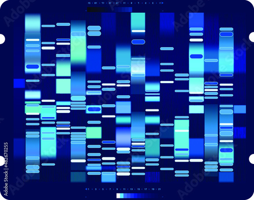 Vector graphic template of blue hues monochromatic big genomic data visualization, DNA test and genome map sequence.