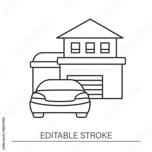  Garage line icon. Real-estate building with personal vehicles. Driving car concept.Isolated vector illustration.Editable stroke