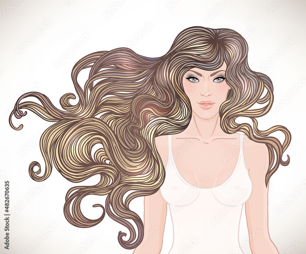 Beautiful Caucasian girl with long curly hair. Vector illustration. Spa, hair salon, beauty or fashion consent.