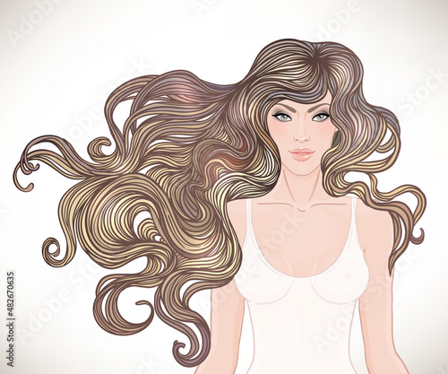 Beautiful Caucasian girl with long curly hair. Vector illustration. Spa, hair...