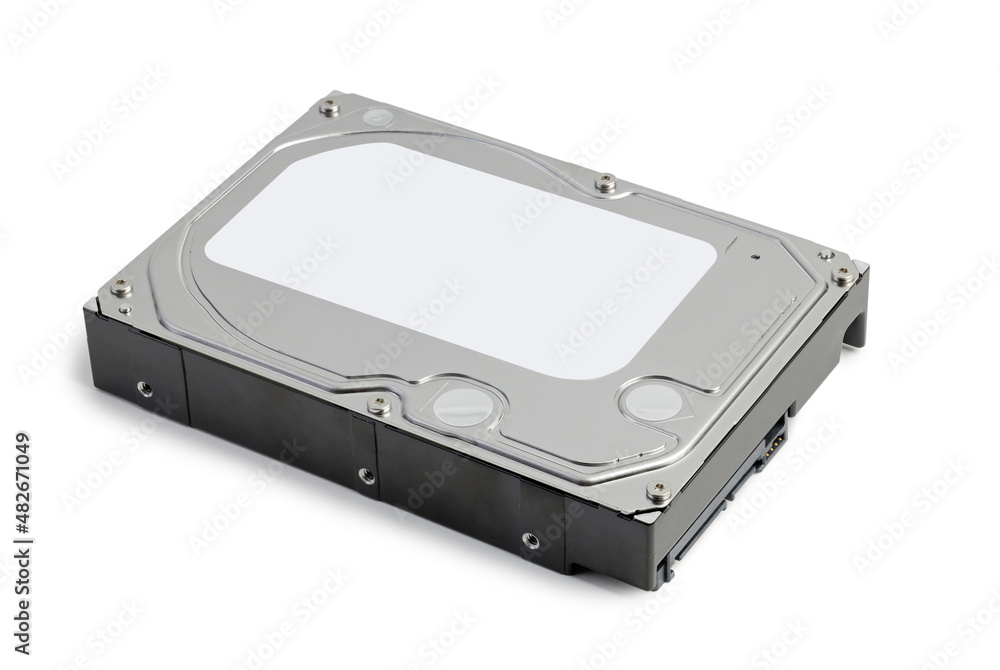 Closeup of internal SATA hard disk drive (HDD) with blank white label isolated on white. Closeup of internal SATA hard disk drive (HDD) with blank white label isolated on white.