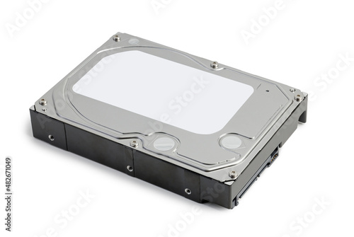 Closeup of internal SATA hard disk drive (HDD) with blank white label isolated on white.