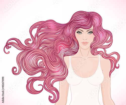 Beautiful Caucasian girl with long curly hair. Vector illustration. Spa, hair...