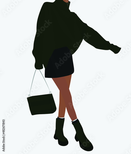 A girl in a warm sweater, a gray mini skirt, boots and a bag. Vector flat image of an attractive lady. Design for postcards, posters, backgrounds, avatars, templates, textiles.