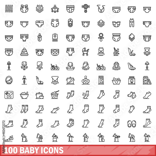 100 baby icons set. Outline illustration of 100 baby icons vector set isolated on white background