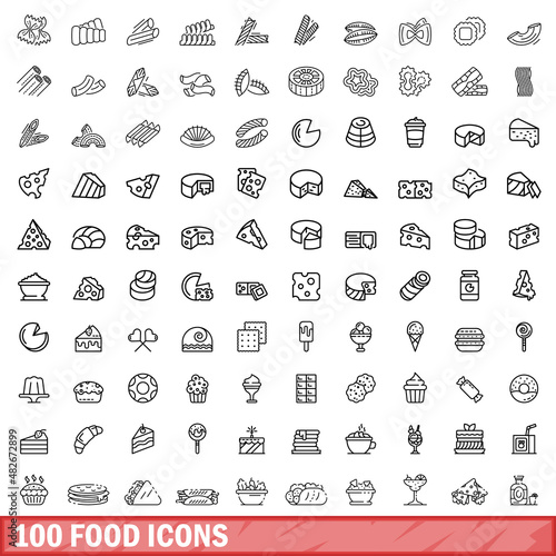 100 food icons set. Outline illustration of 100 food icons vector set isolated on white background