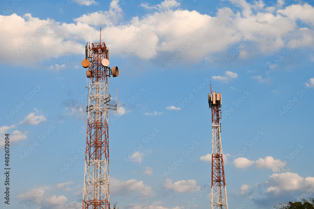 Telecommunication tower of 4G and 5G cellular. Antenna transmission communication. Cell phone signal base station. Telecommunication tower of 4G and 5G cellular. Antenna transmission communication. Cell phone signal base station.