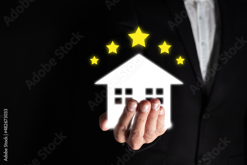 5 star rating from customer satisfaction and feed back house and home model for business real estate success management concept