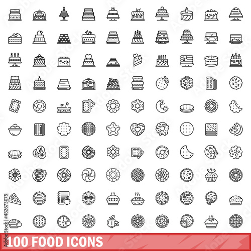 100 food icons set. Outline illustration of 100 food icons vector set isolated on white background
