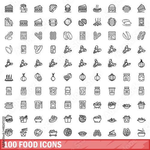 100 food icons set. Outline illustration of 100 food icons vector set isolated on white background