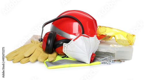 Different personal protective equipment on white background photo