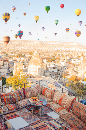 Traditional turkish breakfast with fruits with Cappadocia view