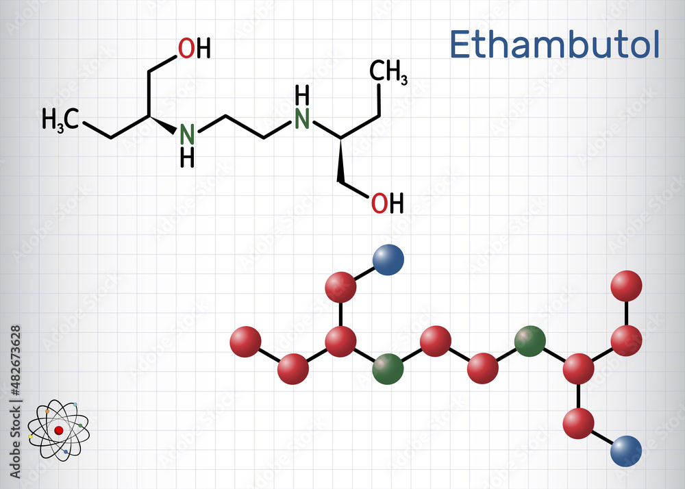 Ethambutolе, EMB molecule. It is bacteriostatic agent used for treatment of tuberculosis. Structural chemical formula and molecule model Ethambutolе, EMB molecule. It is bacteriostatic agent used for treatment of tuberculosis. Structural chemical formula and molecule model