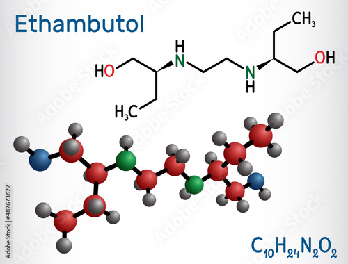 Ethambutolе, EMB molecule. It is bacteriostatic agent used for treatment of tuberculosis. Structural chemical formula and molecule model