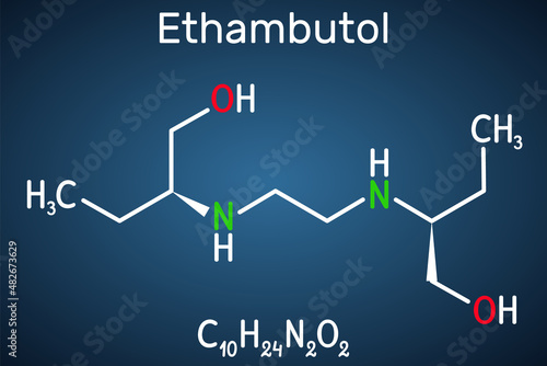 Ethambutolе, EMB molecule. It is bacteriostatic agent used for treatment of tuberculosis. Structural chemical formula on the dark blue background