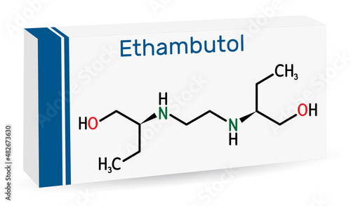 Ethambutolе, EMB molecule. It is bacteriostatic agent used for treatment of tuberculosis. Skeletal chemical formula. Paper packaging for drugs