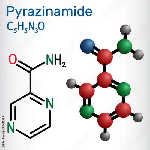 Pyrazinamide, molecule. It is antituberculosis agent used as a component of tuberculosis (TB) treatment. Structural chemical formula and molecule model