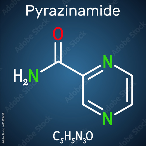 Pyrazinamide, molecule. It is antituberculosis agent used as a component of tuberculosis (TB) treatment. Structural chemical formula on the dark blue background