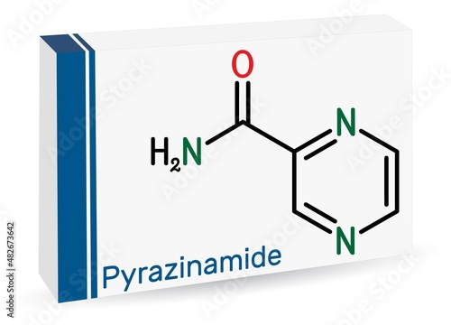 Pyrazinamide, molecule. It is antituberculosis agent used as a component of tuberculosis (TB) treatment. Skeletal chemical formula. Paper packaging for drugs. Vector illustration