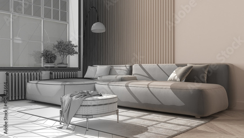 Architect interior designer concept: hand-drawn draft unfinished project that becomes real, modern living room in classic apartment, window, parquet, sofa, carpet, interior design