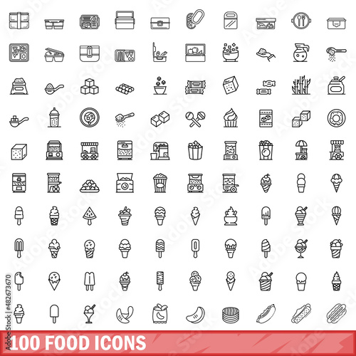 100 food icons set. Outline illustration of 100 food icons vector set isolated on white background