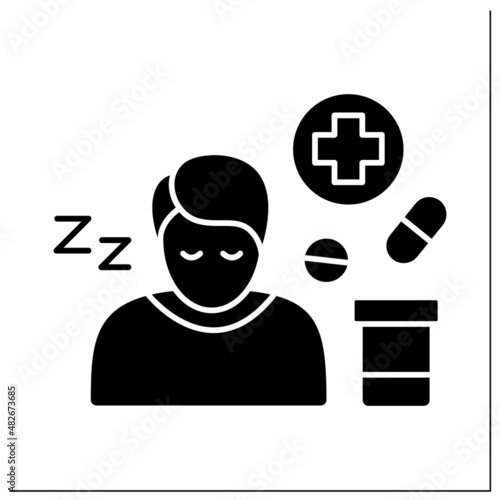Side effects glyph icon. Secondary drugs adverse effect. Side reaction on pills. Drowsiness. Pharmacy concept. Filled flat sign. Isolated silhouette vector illustration