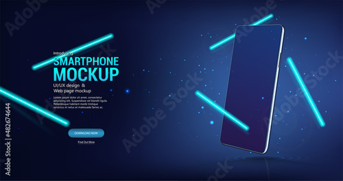 Modern neon background with Mockup smartphone in perspective. Realistic 3D cellphone. Blue mockup mobile phone. Smartphone for presentation product UI, UX, KIT. Vector illustration template cell phone
