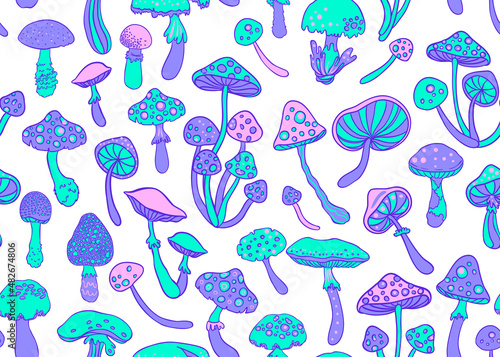 Magic mushrooms seamless pattern. Psychedelic hallucination. 60s hippie colorful art. Vintage psychedelic textile, fabric, wrapping, wallpaper. Vector repeating illustration.