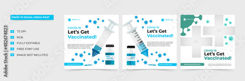 Set of Covid-19 Vaccinated social media post template. Modern covid-19 square banner with place for the photo. Usable for social media