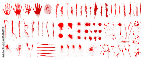 Foto Dirty collection of paint splatter imitating blood, cut marks, splashes, drops, blots, spray, bloody hand and dirty fingerprints