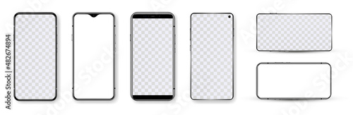Highly detailed mockups smartphone in realistic style with blank screen white or transparent. Mockup phone for presentation product UI, App, Website. Mobile phone mockup. Set template 3D cell phones