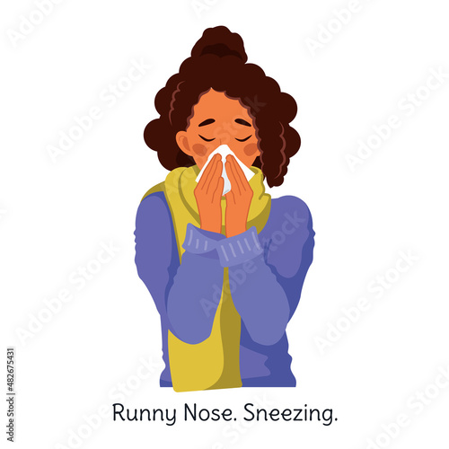 Runny Nose. Sneezing. Vector illustration of an African-American woman with a runny nose. An unhappy sick woman in a warm sweater with symptoms of allergies, flu or colds