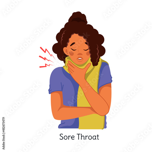 Sore throat. An African-American woman in a warm scarf holds a sore throat