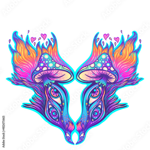Magic mushrooms. Psychedelic hallucination. Vibrant vector illustration. 60s hippie colorful art in pink pastel goth colors isolated on white. Sticker, patch, poster graphic design.