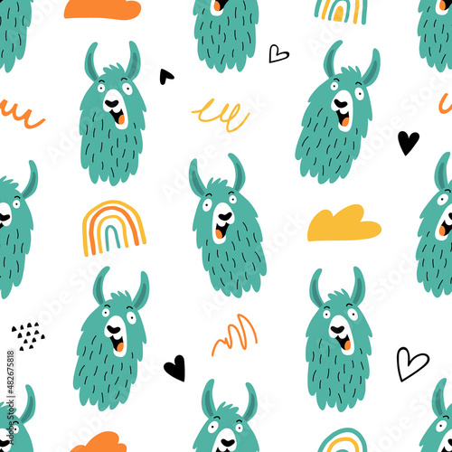 Seamless pattern with funny llamas or alpacas in hand drawn style. Great for textiles, stickers, cards, poster, wallpaper, wrapping paper. Isolated on white background vector illustration