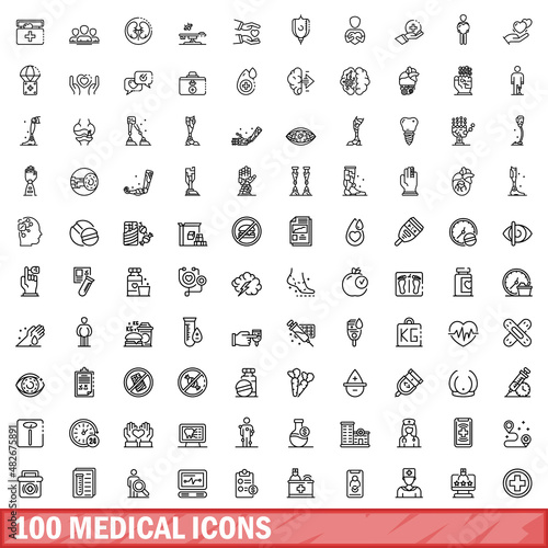 100 medical icons set. Outline illustration of 100 medical icons vector set isolated on white background