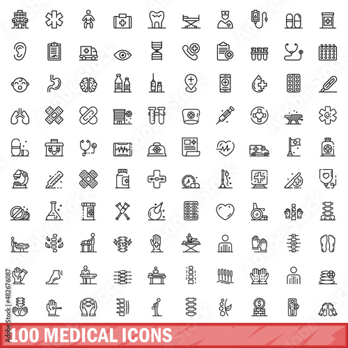 100 medical icons set. Outline illustration of 100 medical icons vector set isolated on white background