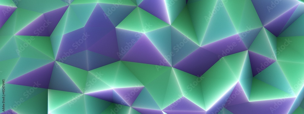 Obraz premium 3d render, abstract purple green crystal shaped wax plastic background, macro panorama, wide panoramic polygonal wallpaper