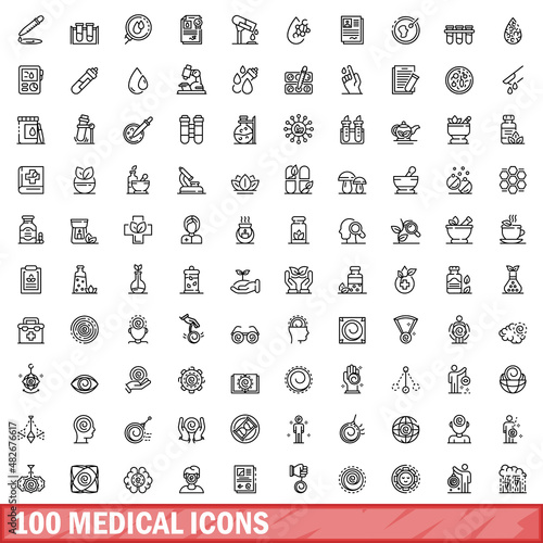 100 medical icons set. Outline illustration of 100 medical icons vector set isolated on white background