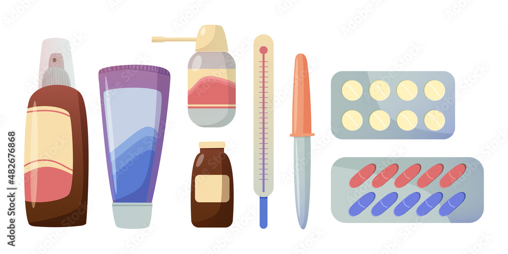 Pharmacy kit items. Pills, medicines, plasters and a thermometer. Set of vector illustrations flat cartoon style	