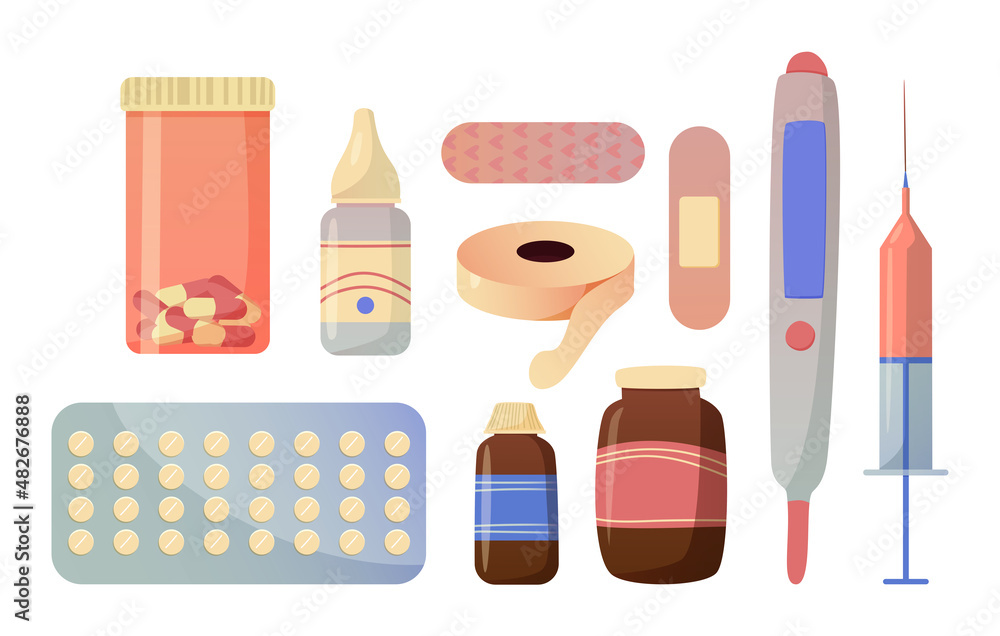 Pharmacy kit items. Pills, medicines, plasters and a thermometer. Set of vector illustrations flat cartoon style