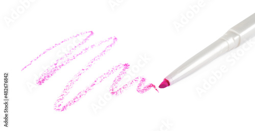Bright lip liner stroke and pencil on white background  top view